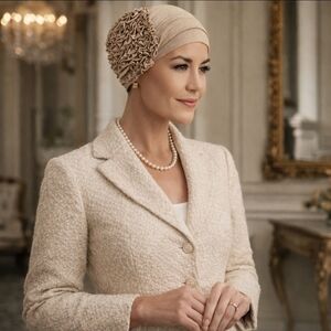 New Turban Christine Headwear Aimee Turban taupe foil Neutral print linen NWT